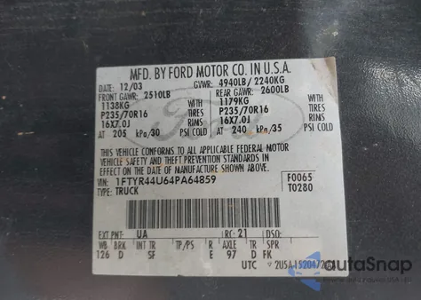 2004 Ford Ranger Edge/Tremor/Xlt z USA, uszkodzony, nr VIN 1FTYR44U64PA64859